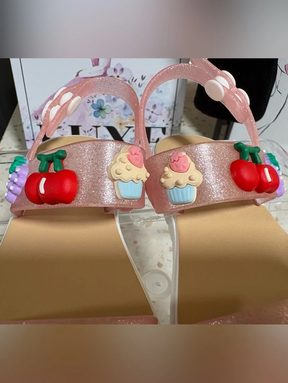 Bebe Girls Glitter Toddler Jelly Sandals with 3D Charms 🍒🍇🧁- Size S 11-12